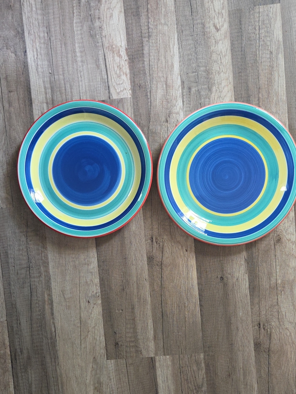 Pier 1 Multicolor Striped Ceramic Dinner Plates - Blue, Yellow & Green
